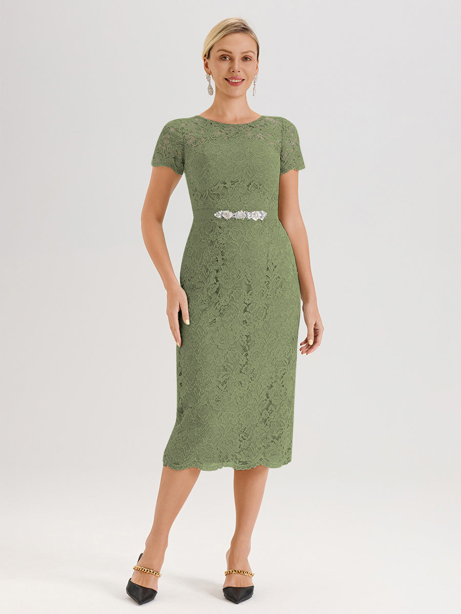 Cicinia Ensemble Vert Olive Avec Châle Robe Mère De La Mariée Longueur Mi-Mollet En Mousseline Dentelle Col Rond
