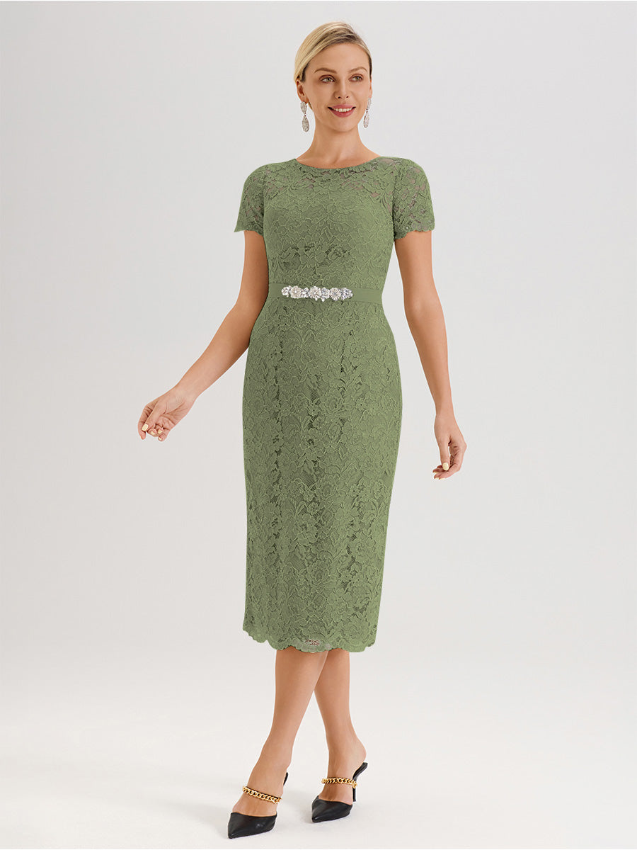 Cicinia Ensemble Vert Olive Avec Châle Robe Mère De La Mariée Longueur Mi-Mollet En Mousseline Dentelle Col Rond