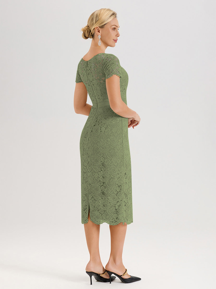 Cicinia Ensemble Vert Olive Avec Châle Robe Mère De La Mariée Longueur Mi-Mollet En Mousseline Dentelle Col Rond