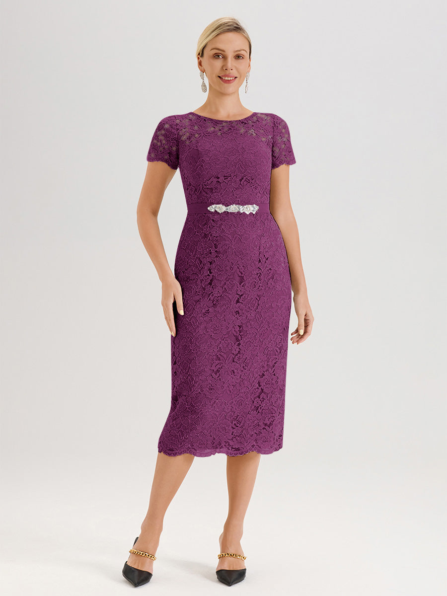 Cicinia Ensemble Orchidée Avec Châle Robe Mère De La Mariée Longueur Mi-Mollet En Mousseline Dentelle Col Rond