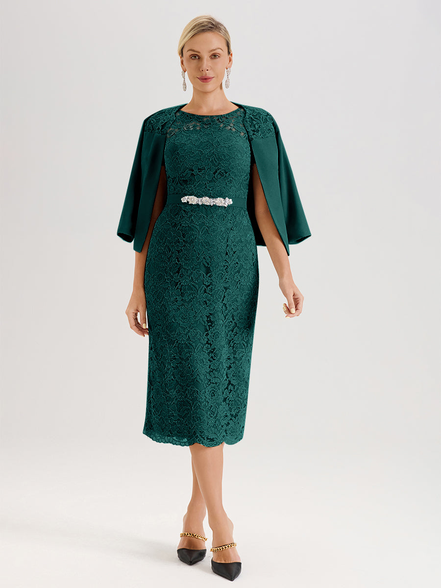 Cicinia Ensemble Paon Avec Châle Robe Mère De La Mariée Longueur Mi-Mollet En Mousseline Dentelle Col Rond