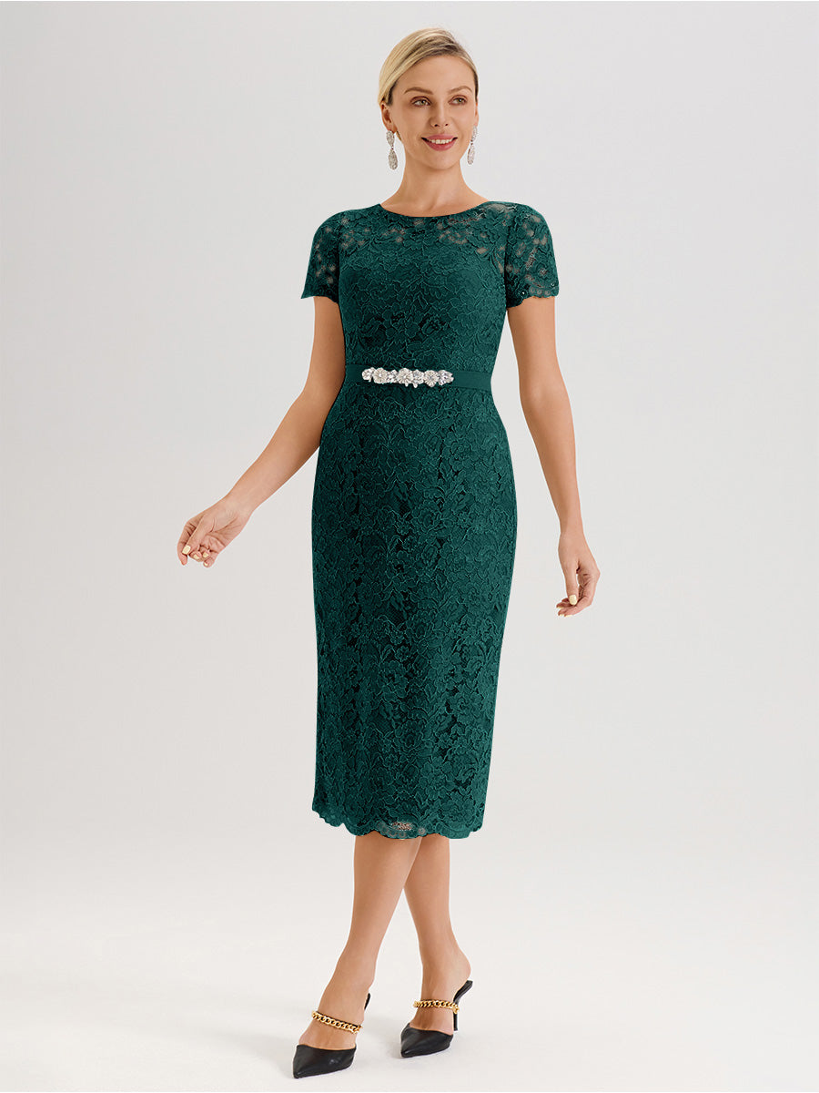 Cicinia Ensemble Paon Avec Châle Robe Mère De La Mariée Longueur Mi-Mollet En Mousseline Dentelle Col Rond