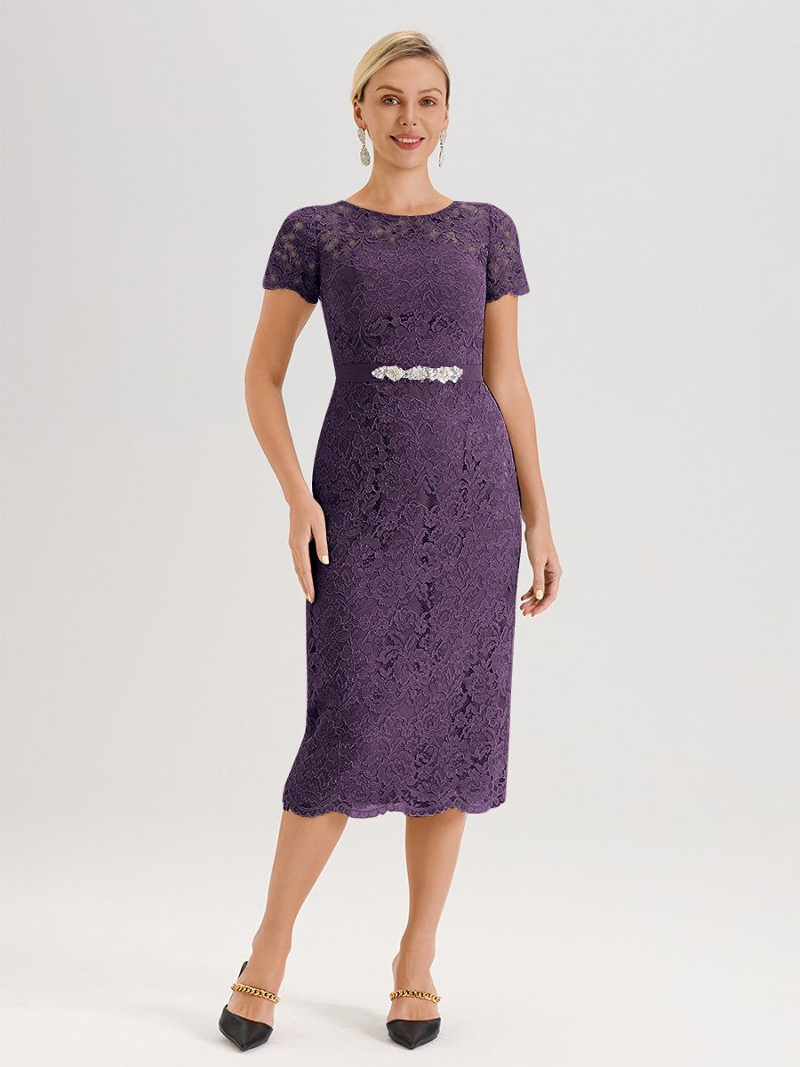 Cicinia Ensemble Plum Avec Châle Robe Mère De La Mariée Longueur Mi-Mollet En Mousseline Dentelle Col Rond