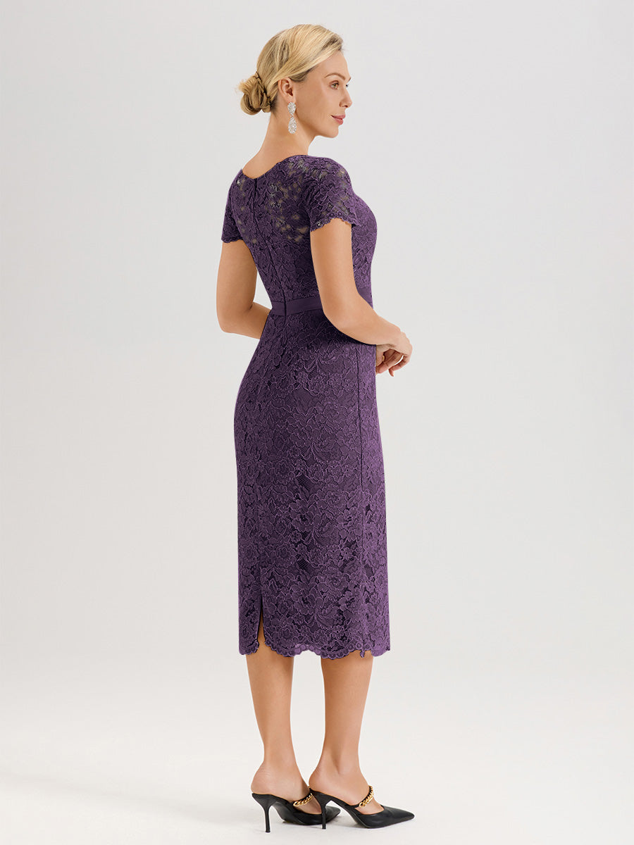 Cicinia Ensemble Plum Avec Châle Robe Mère De La Mariée Longueur Mi-Mollet En Mousseline Dentelle Col Rond