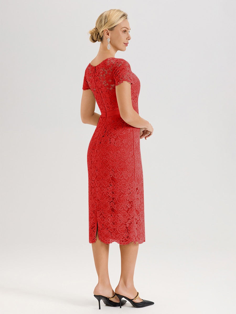 Cicinia Ensemble Rouge Avec Châle Robe Mère De La Mariée Longueur Mi-Mollet En Mousseline Dentelle Col Rond