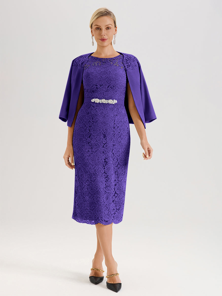 Cicinia Ensemble En Régence Avec Châle Robe Mère De La Mariée Longueur Mi-Mollet En Mousseline Dentelle Col Rond