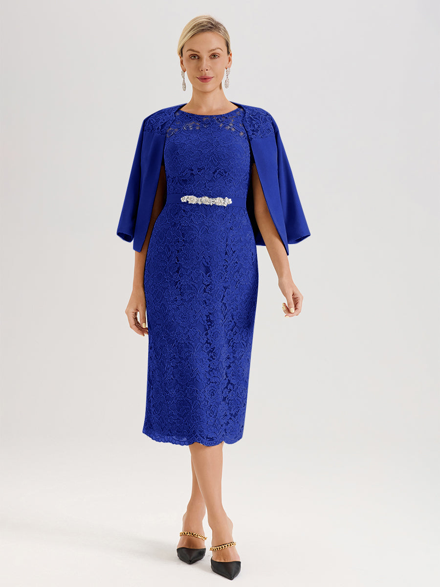 Cicinia Ensemble Bleu Royal Avec Châle Robe Mère De La Mariée Longueur Mi-Mollet En Mousseline Dentelle Col Rond
