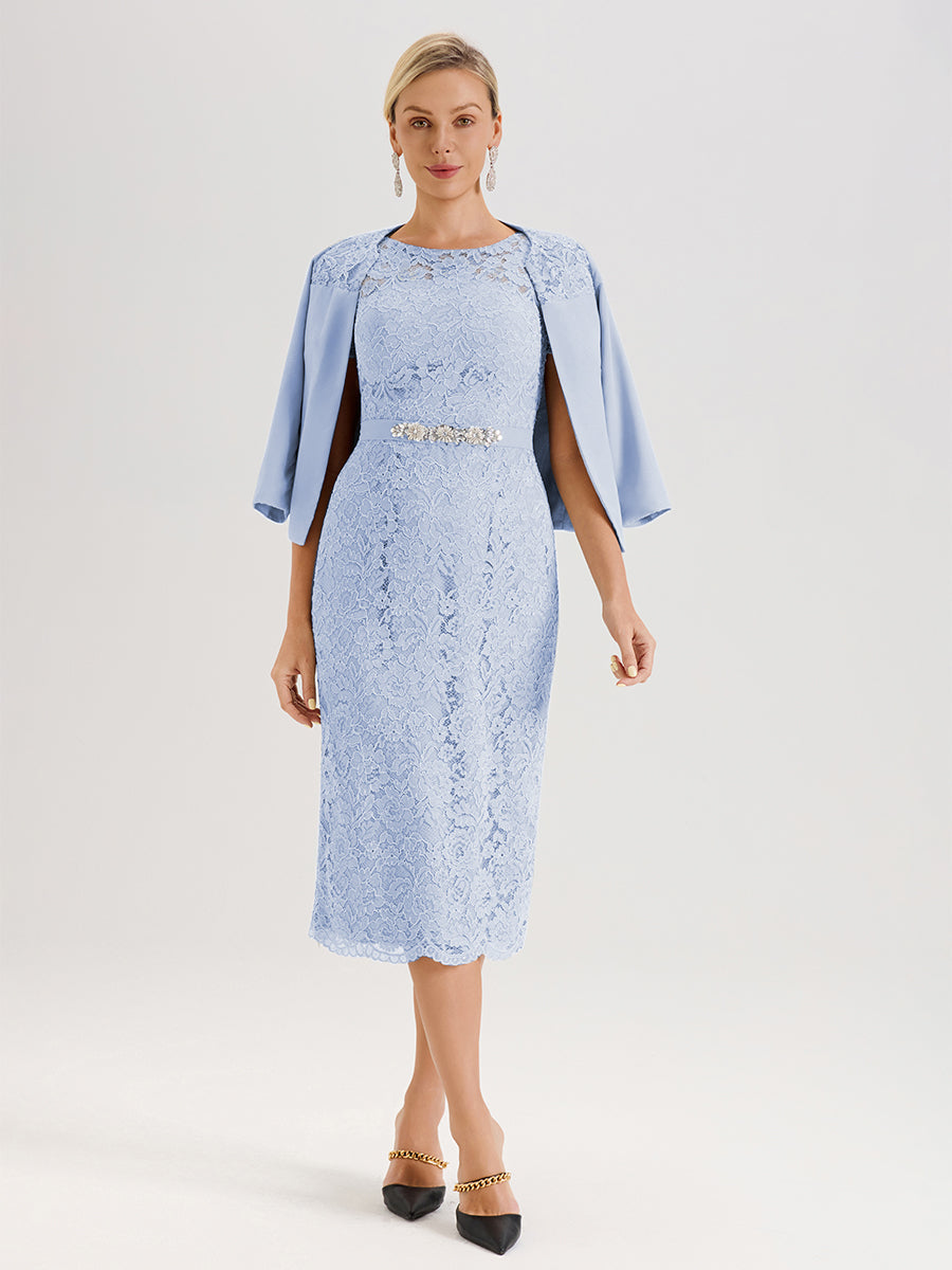Cicinia Ensemble Bleu Ciel Avec Châle Robe Mère De La Mariée Longueur Mi-Mollet En Mousseline Dentelle Col Rond