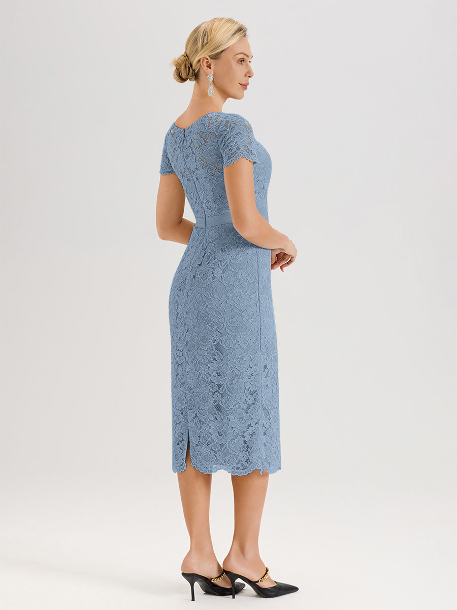 Cicinia Ensemble Bleu De Schiste Avec Châle Robe Mère De La Mariée Longueur Mi-Mollet En Mousseline Dentelle Col Rond