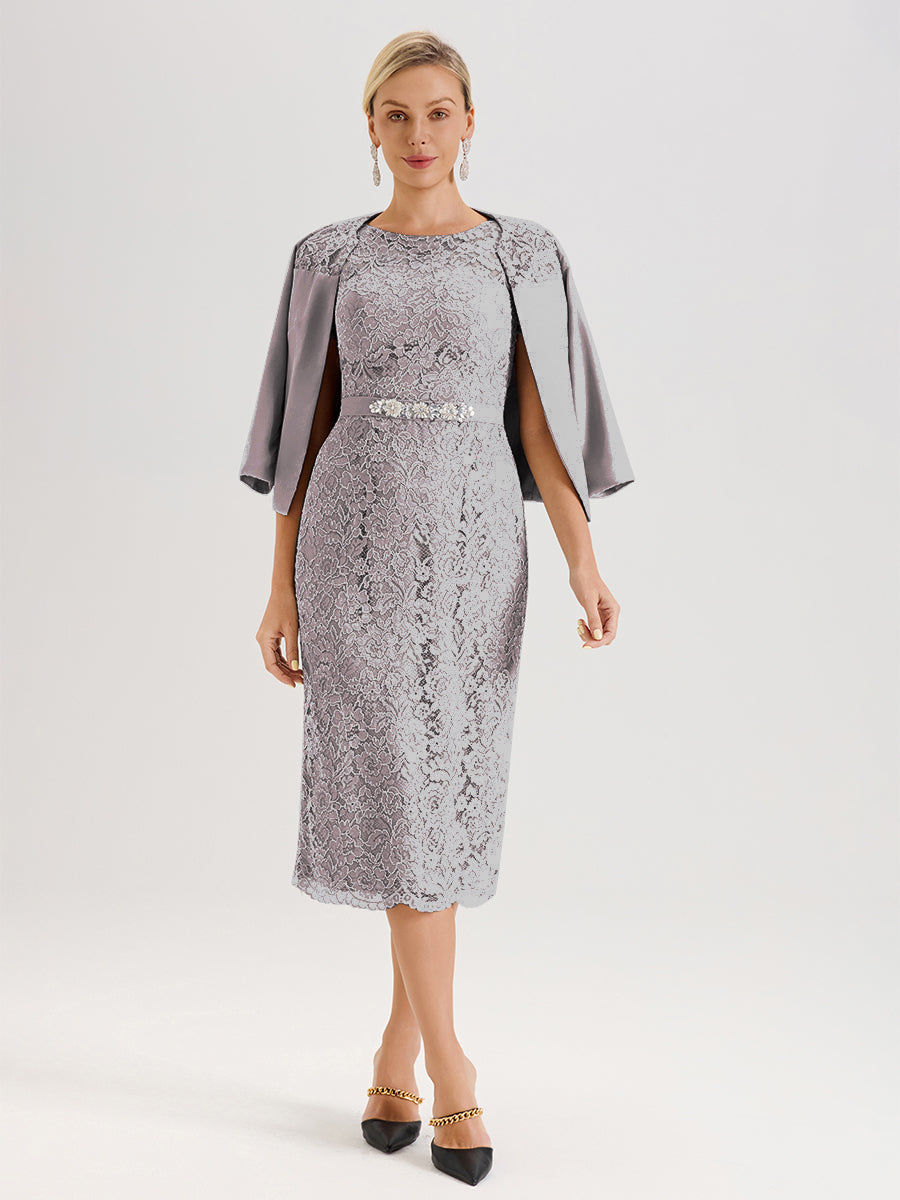 Cicinia Ensemble Argenté Avec Châle Robe Mère De La Mariée Longueur Mi-Mollet En Mousseline Dentelle Col Rond