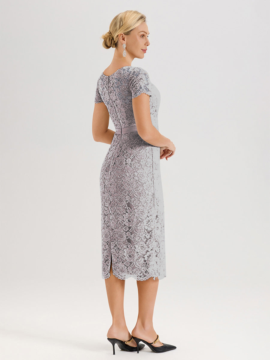Cicinia Ensemble Argenté Avec Châle Robe Mère De La Mariée Longueur Mi-Mollet En Mousseline Dentelle Col Rond