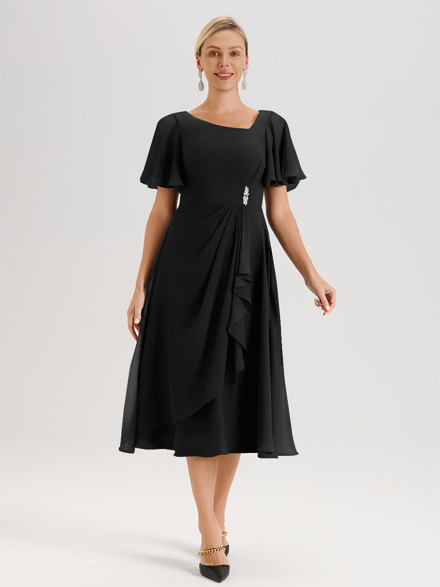 Cicinia Robe Mère De La Mariée Noir En Mousseline Avec Encolure Irrégulière Manches Courtes Longueur Mi-Mollet