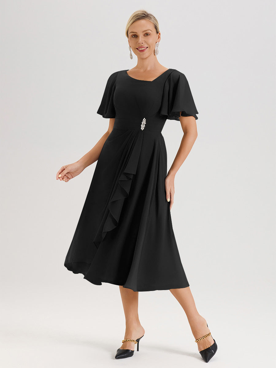 Cicinia Robe Mère De La Mariée Noir En Mousseline Avec Encolure Irrégulière Manches Courtes Longueur Mi-Mollet