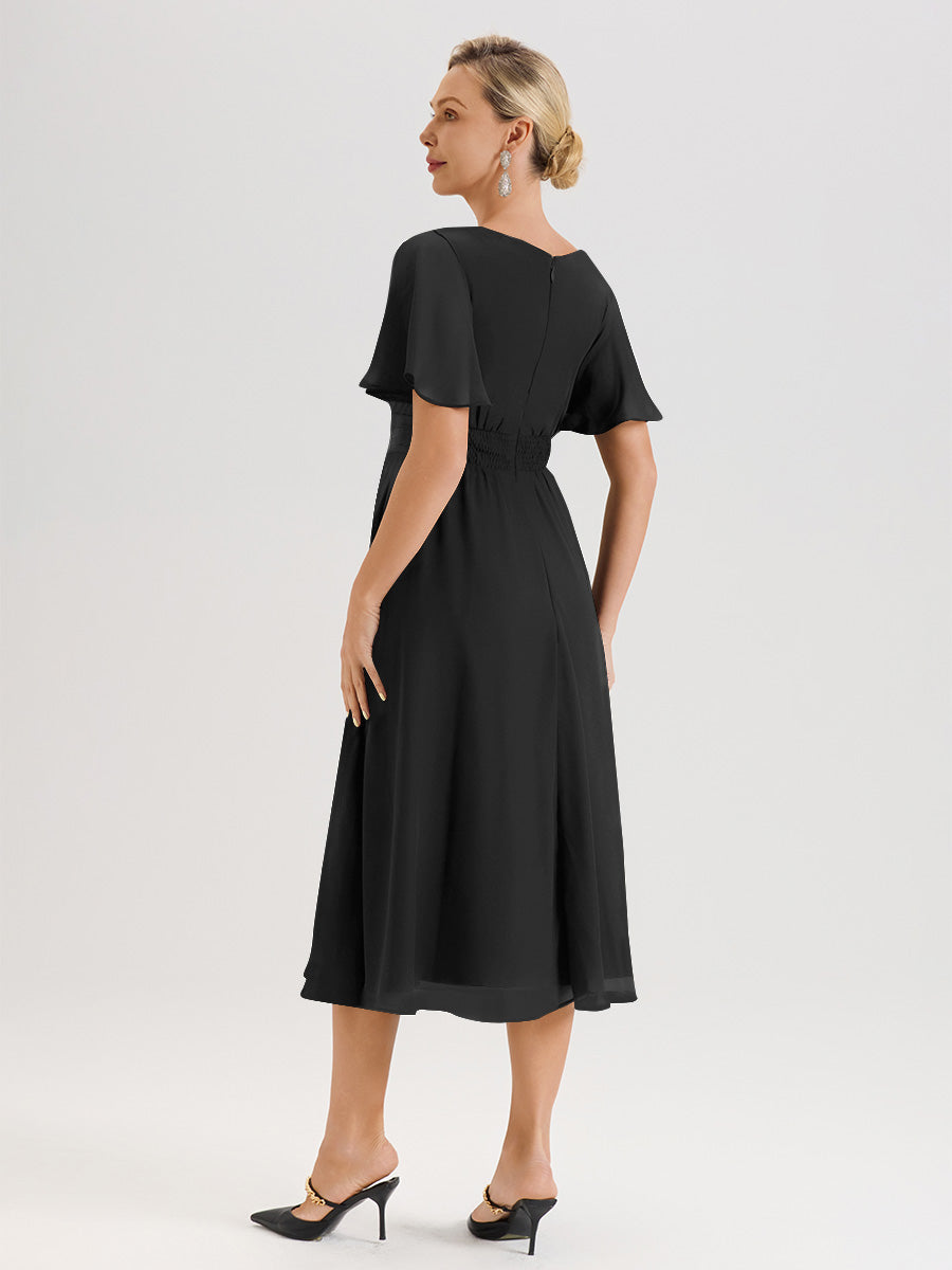 Cicinia Robe Mère De La Mariée Noir En Mousseline Avec Encolure Irrégulière Manches Courtes Longueur Mi-Mollet