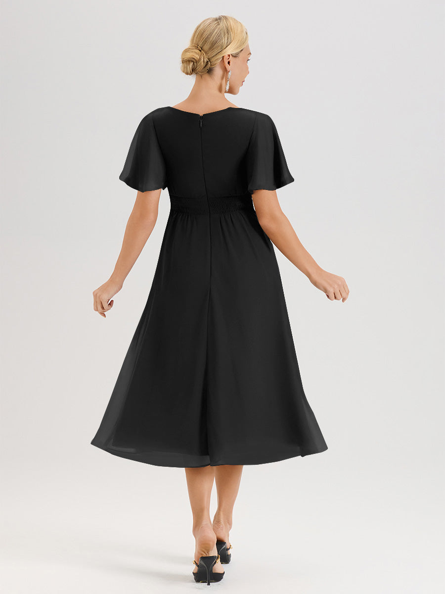 Cicinia Robe Mère De La Mariée Noir En Mousseline Avec Encolure Irrégulière Manches Courtes Longueur Mi-Mollet