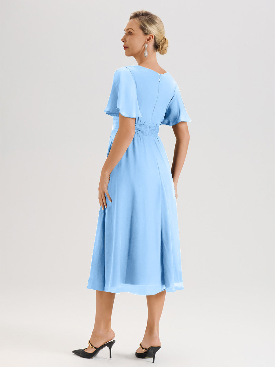 Cicinia Robe Mère De La Mariée Bleu En Mousseline Avec Encolure Irrégulière Manches Courtes Longueur Mi-Mollet