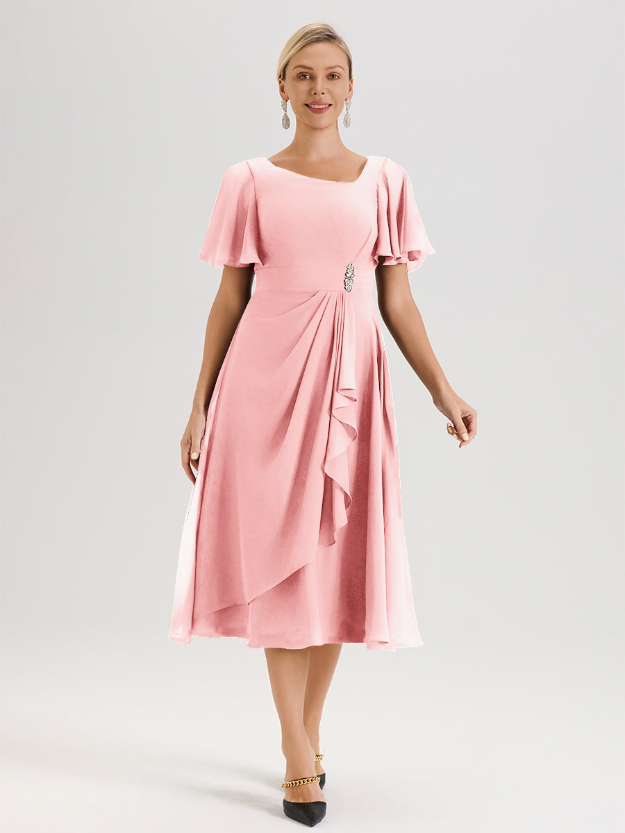 Cicinia Robe Mère De La Mariée Rose En Mousseline Avec Encolure Irrégulière Manches Courtes Longueur Mi-Mollet