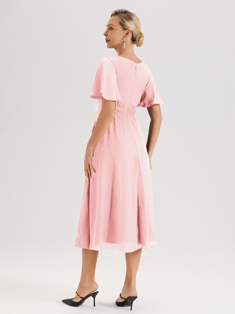 Cicinia Robe Mère De La Mariée Rose En Mousseline Avec Encolure Irrégulière Manches Courtes Longueur Mi-Mollet