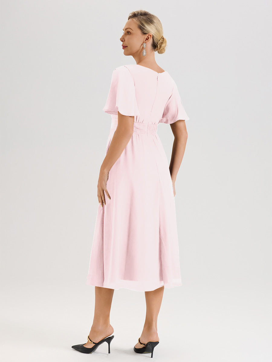 Cicinia Robe Mère De La Mariée Rose Pale En Mousseline Avec Encolure Irrégulière Manches Courtes Longueur Mi-Mollet