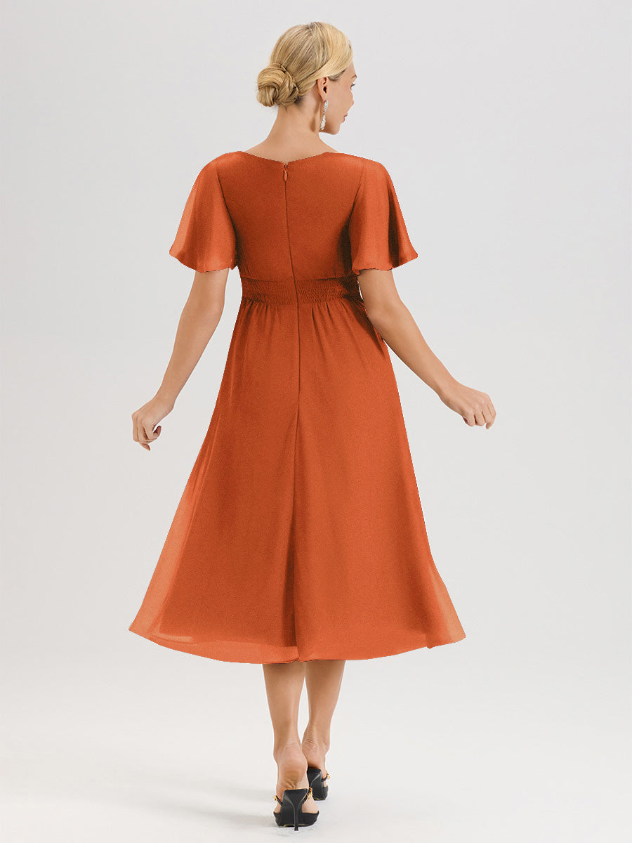 Cicinia Robe Mère De La Mariée Orange Brûlé En Mousseline Avec Encolure Irrégulière Manches Courtes Longueur Mi-Mollet