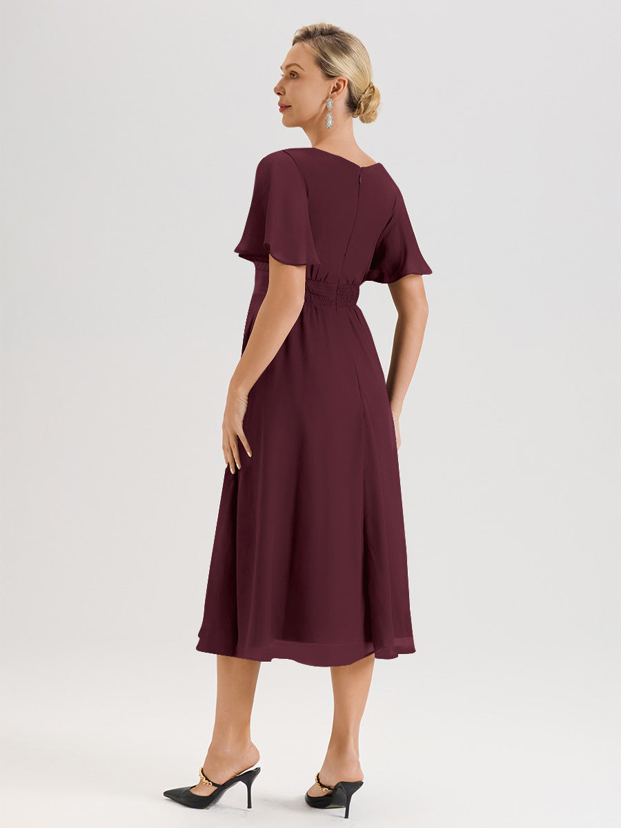 Cicinia Robe Mère De La Mariée Cabernet En Mousseline Avec Encolure Irrégulière Manches Courtes Longueur Mi-Mollet