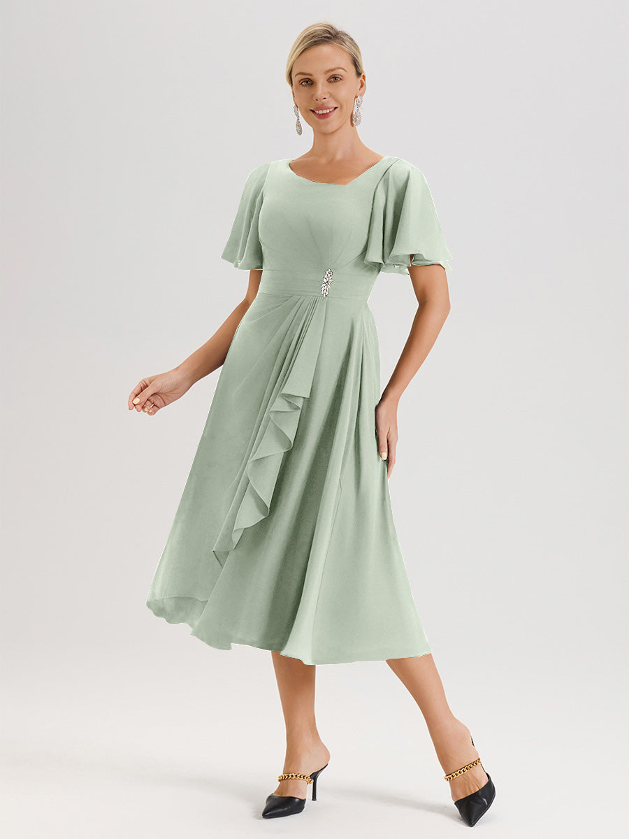 Cicinia Robe Mère De La Mariée Celadon En Mousseline Avec Encolure Irrégulière Manches Courtes Longueur Mi-Mollet