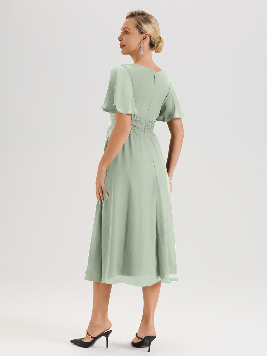 Cicinia Robe Mère De La Mariée Celadon En Mousseline Avec Encolure Irrégulière Manches Courtes Longueur Mi-Mollet