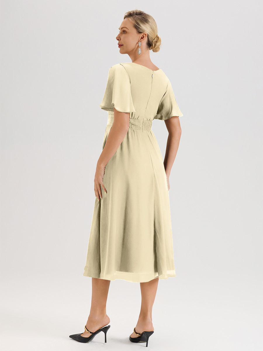 Cicinia Robe Mère De La Mariée Couleur Champagne En Mousseline Avec Encolure Irrégulière Manches Courtes Longueur Mi-Mollet