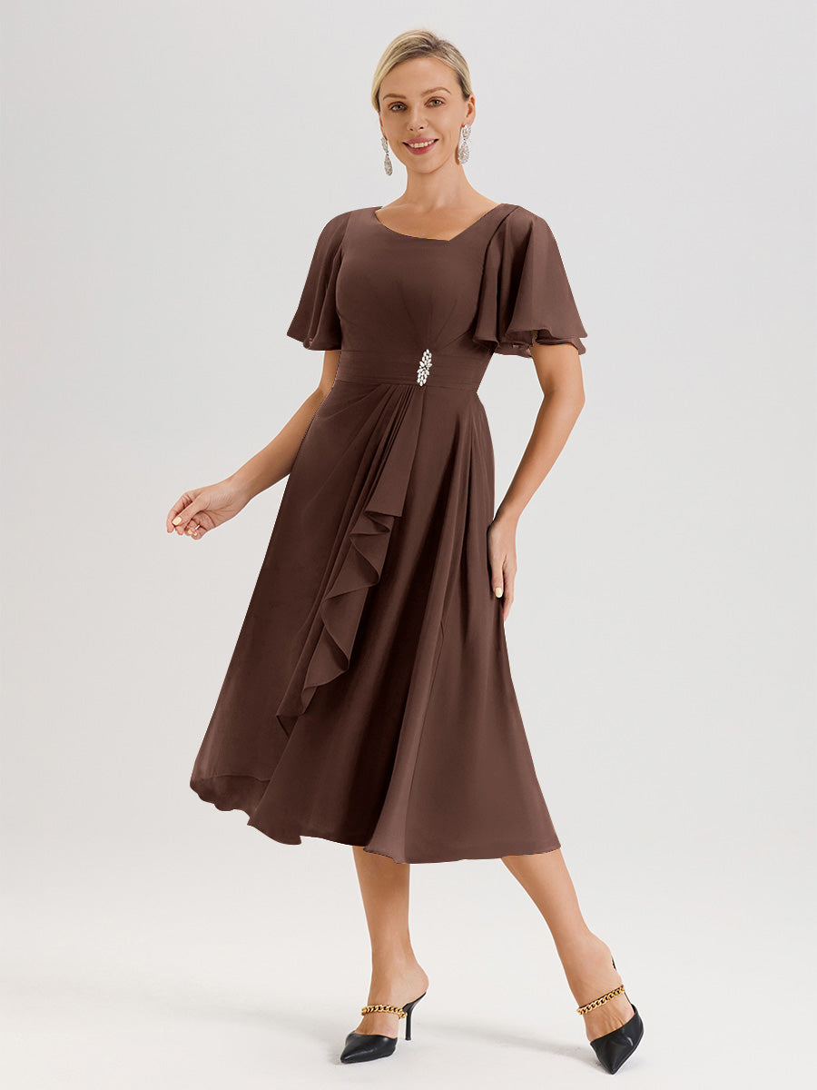 Cicinia Robe Mère De La Mariée En Chocolat En Mousseline Avec Encolure Irrégulière Manches Courtes Longueur Mi-Mollet