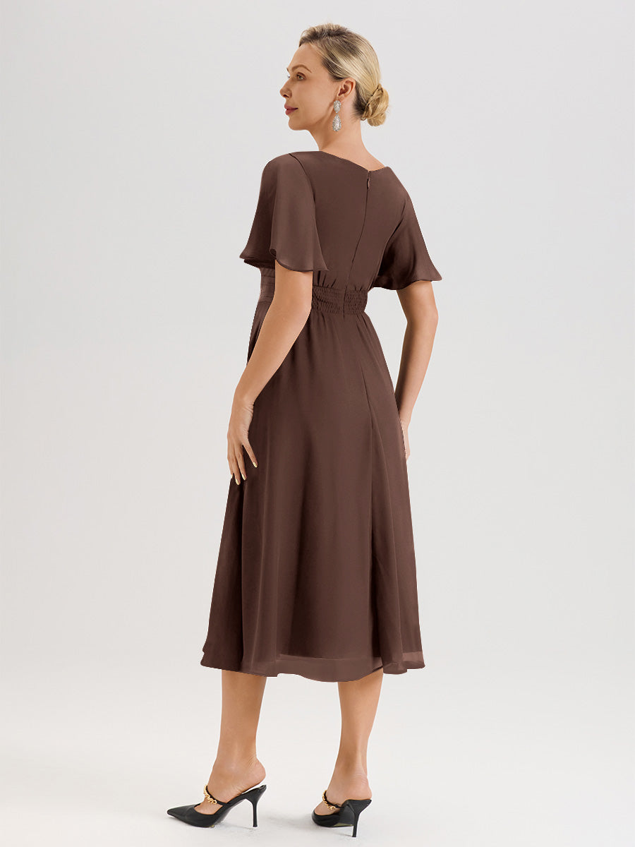 Cicinia Robe Mère De La Mariée En Chocolat En Mousseline Avec Encolure Irrégulière Manches Courtes Longueur Mi-Mollet
