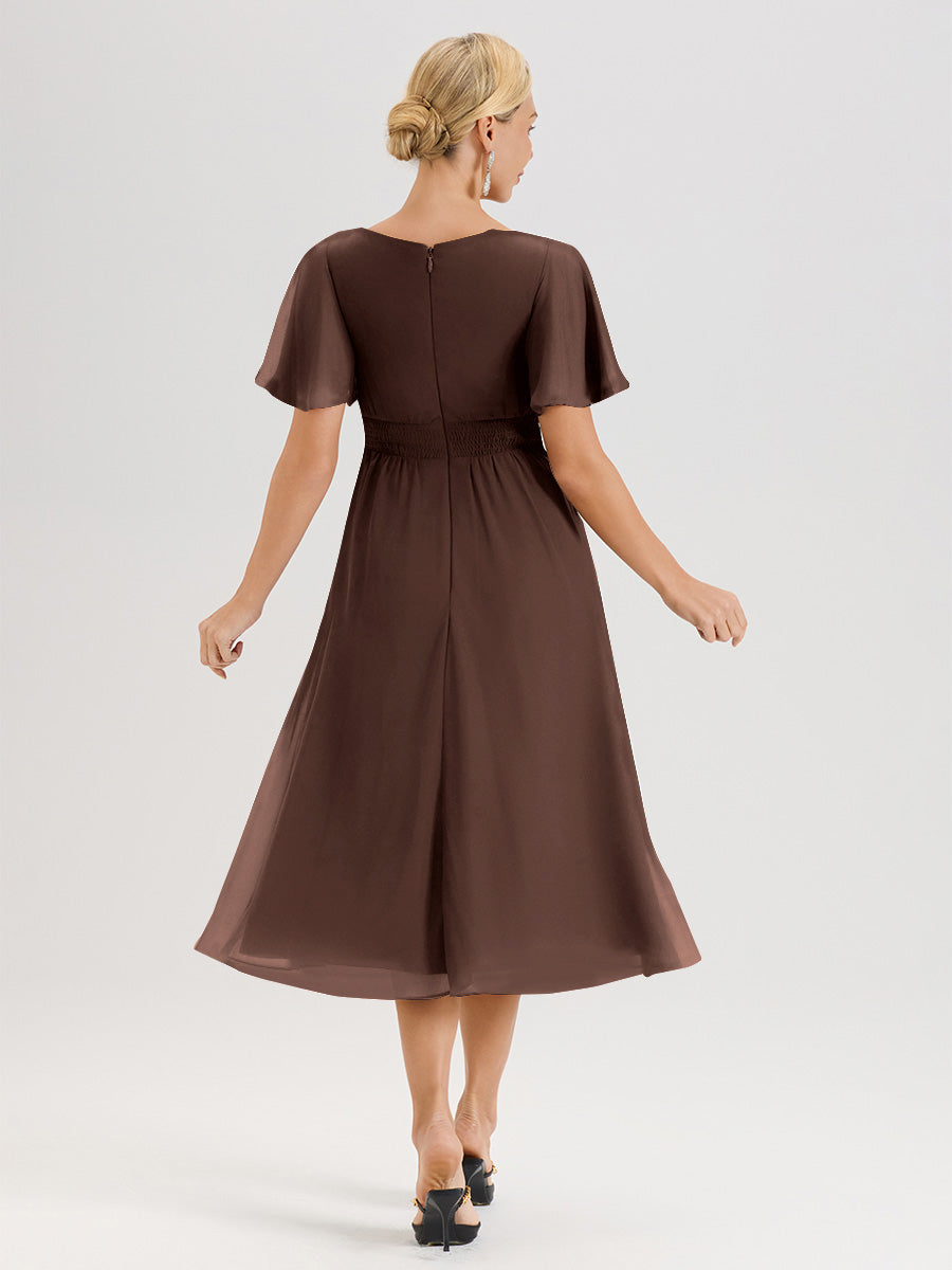 Cicinia Robe Mère De La Mariée En Chocolat En Mousseline Avec Encolure Irrégulière Manches Courtes Longueur Mi-Mollet