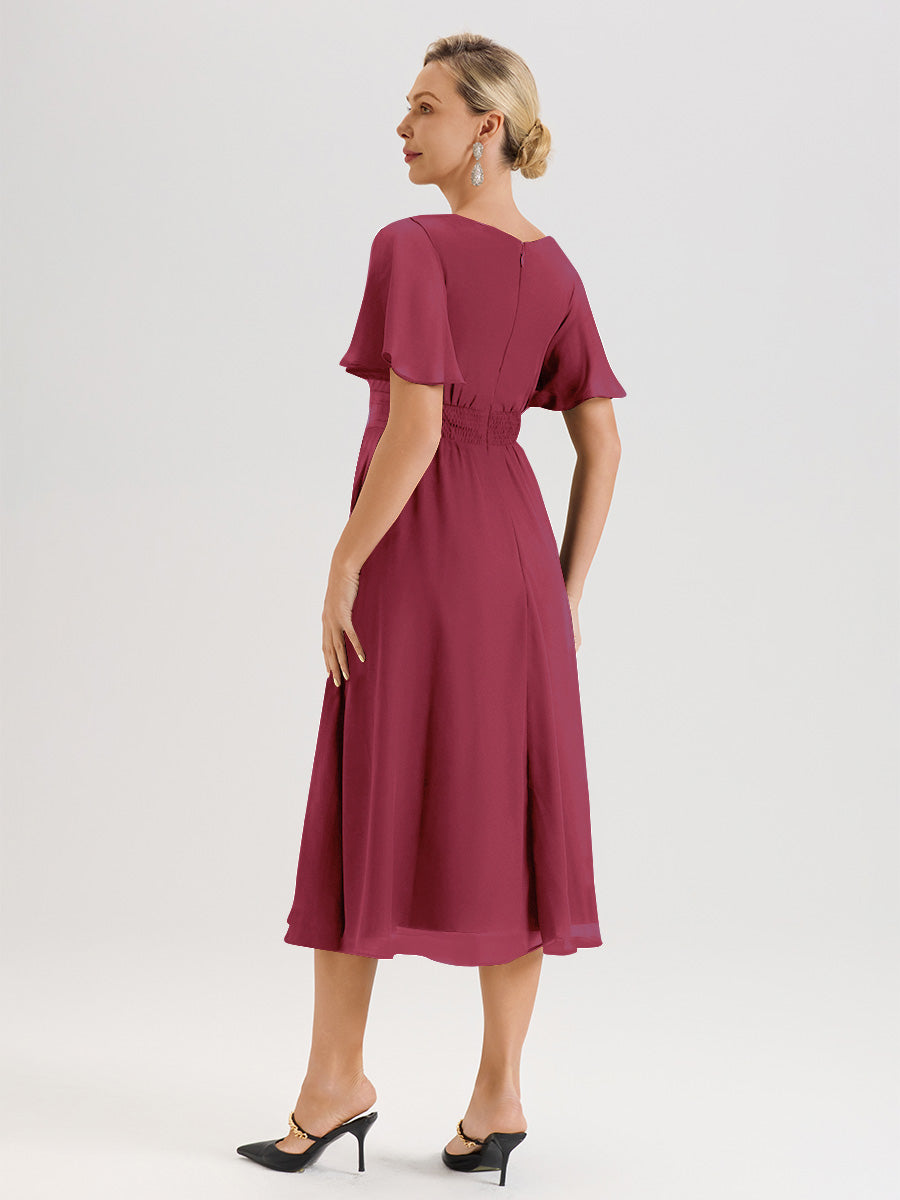 Cicinia Robe Mère De La Mariée Couleur Rose Cannelle En Mousseline Avec Encolure Irrégulière Manches Courtes Longueur Mi-Mollet