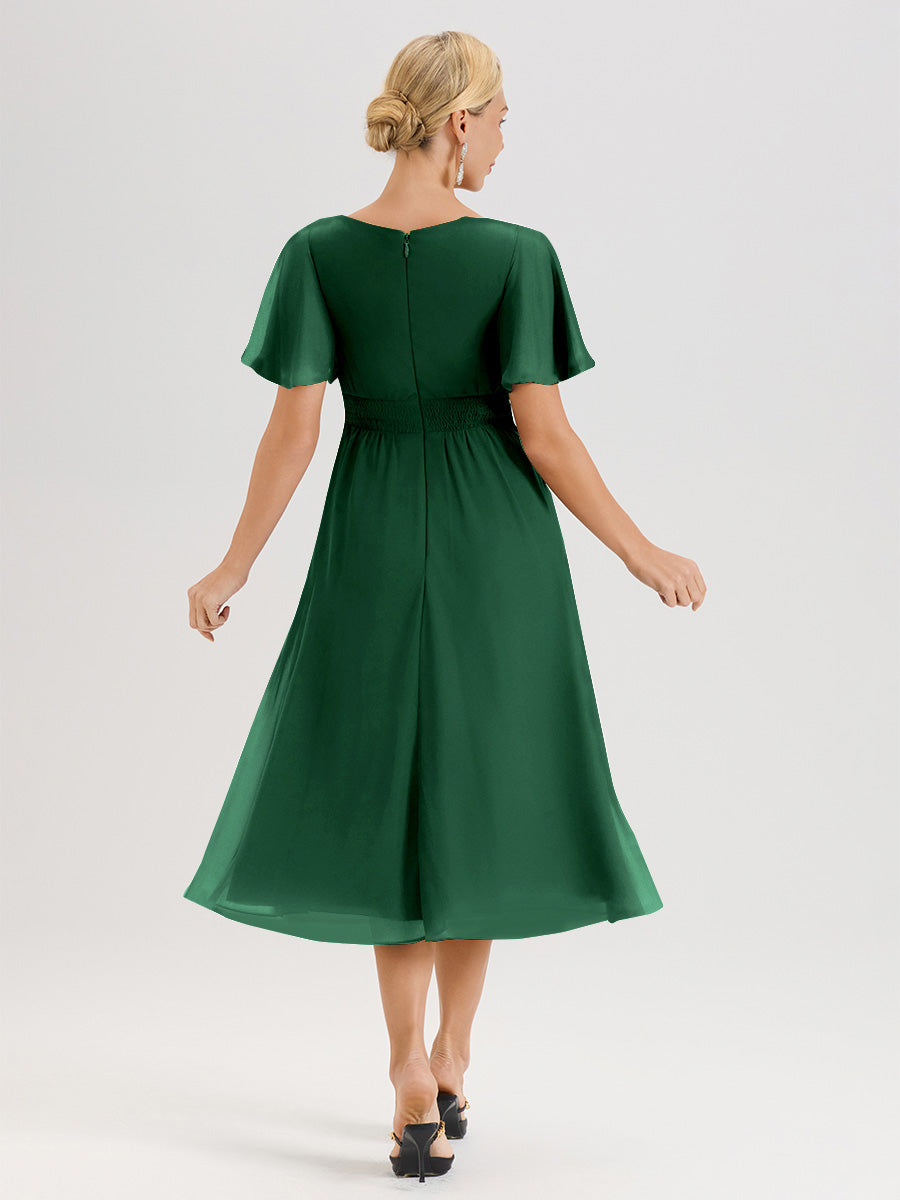 Cicinia Robe Mère De La Mariée Vert Foncé En Mousseline Avec Encolure Irrégulière Manches Courtes Longueur Mi-Mollet