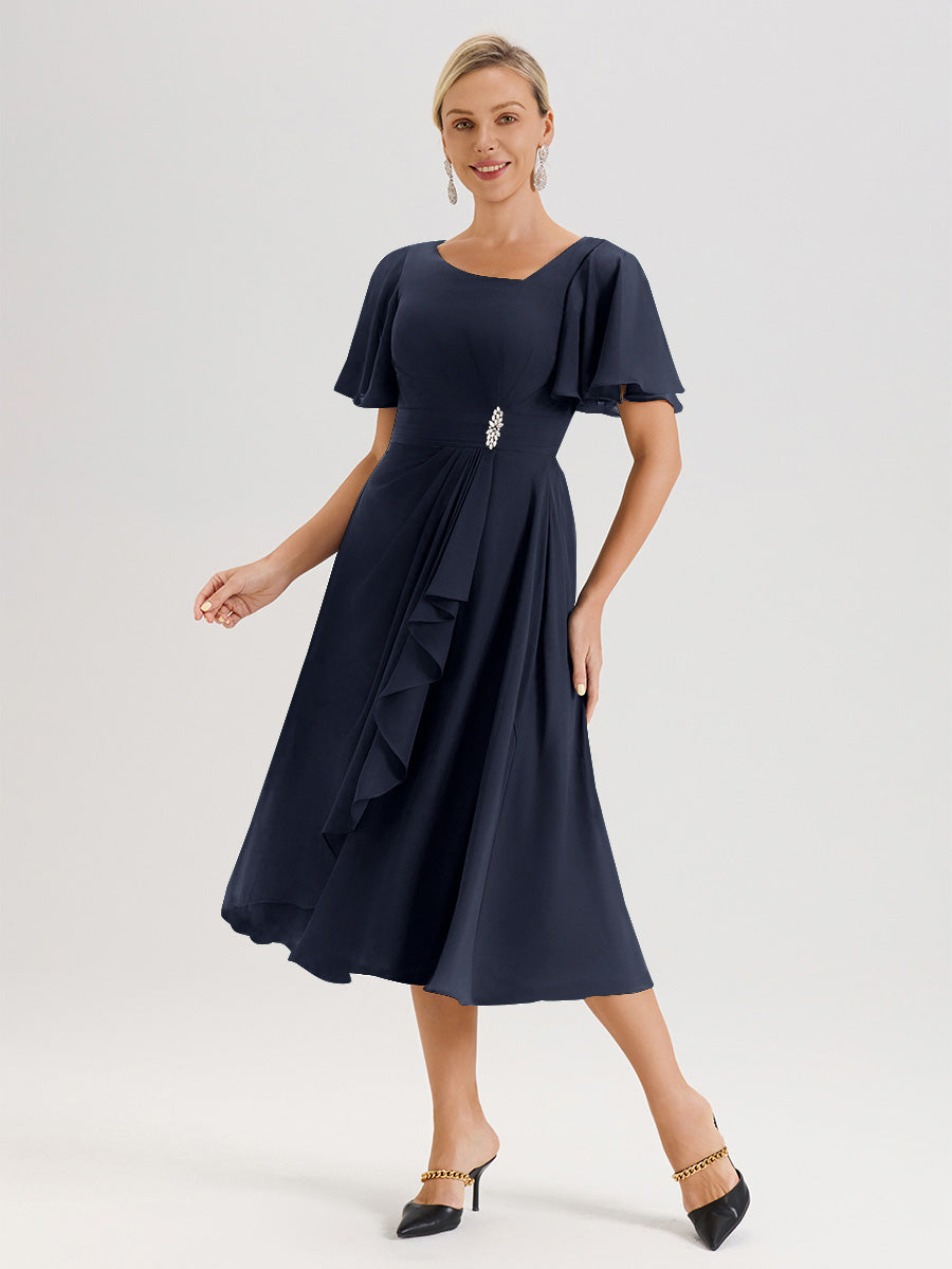 Cicinia Robe Mère De La Mariée Bleu Marine En Mousseline Avec Encolure Irrégulière Manches Courtes Longueur Mi-Mollet