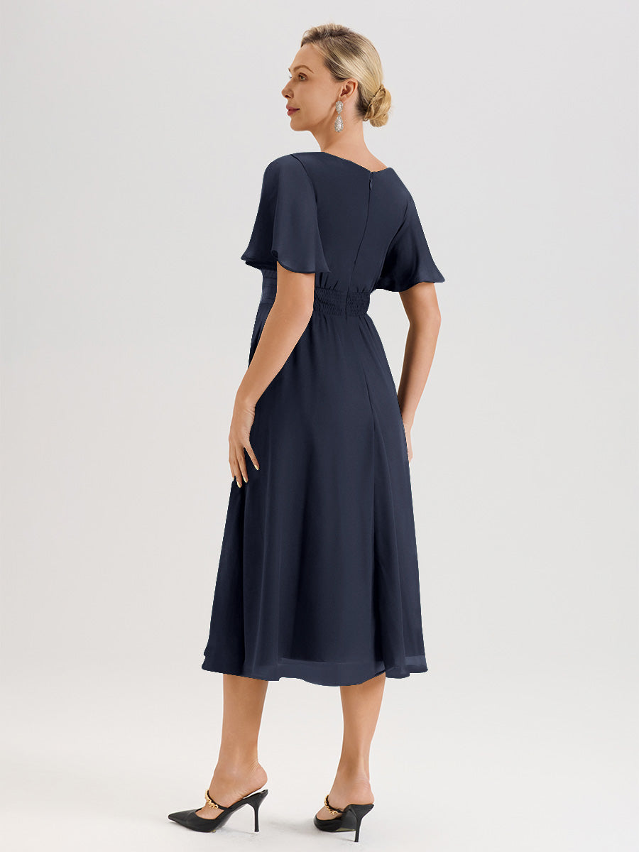 Cicinia Robe Mère De La Mariée Bleu Marine En Mousseline Avec Encolure Irrégulière Manches Courtes Longueur Mi-Mollet