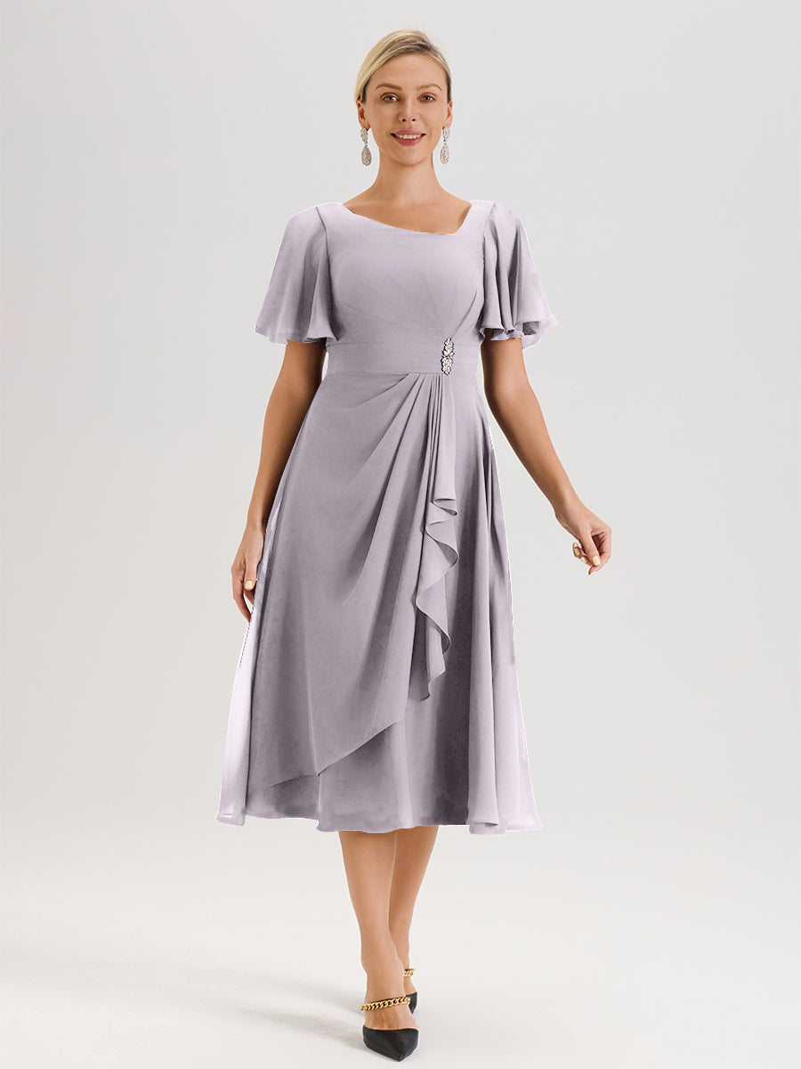 Cicinia Robe Mère De La Mariée Couleur Crépuscule En Mousseline Avec Encolure Irrégulière Manches Courtes Longueur Mi-Mollet