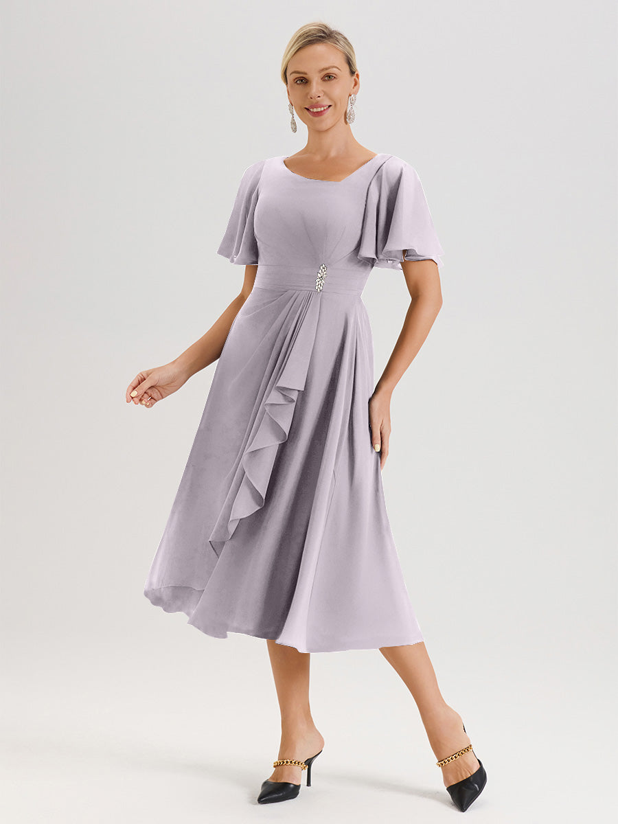 Cicinia Robe Mère De La Mariée Couleur Crépuscule En Mousseline Avec Encolure Irrégulière Manches Courtes Longueur Mi-Mollet