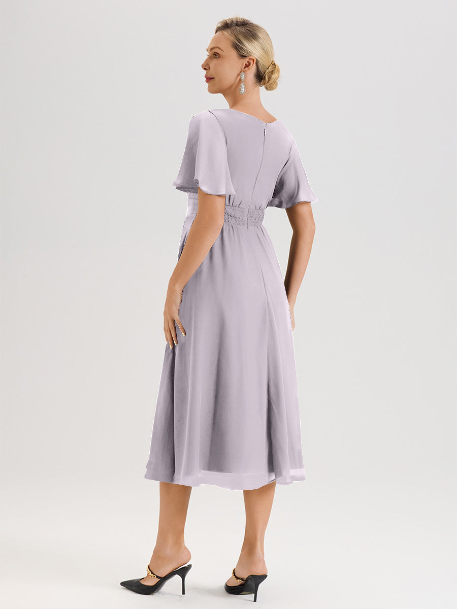 Cicinia Robe Mère De La Mariée Couleur Crépuscule En Mousseline Avec Encolure Irrégulière Manches Courtes Longueur Mi-Mollet