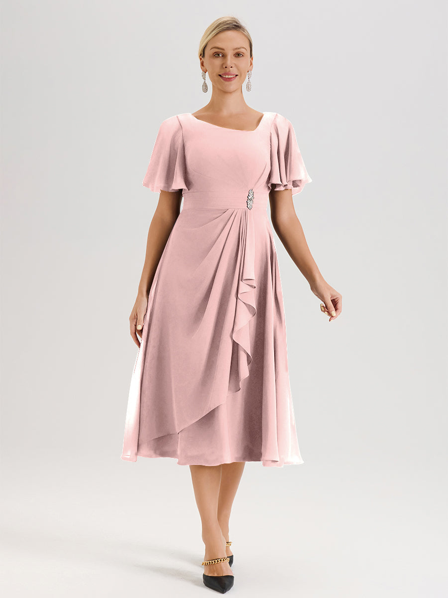 Cicinia Robe Mère De La Mariée Rose Poussiéreux En Mousseline Avec Encolure Irrégulière Manches Courtes Longueur Mi-Mollet
