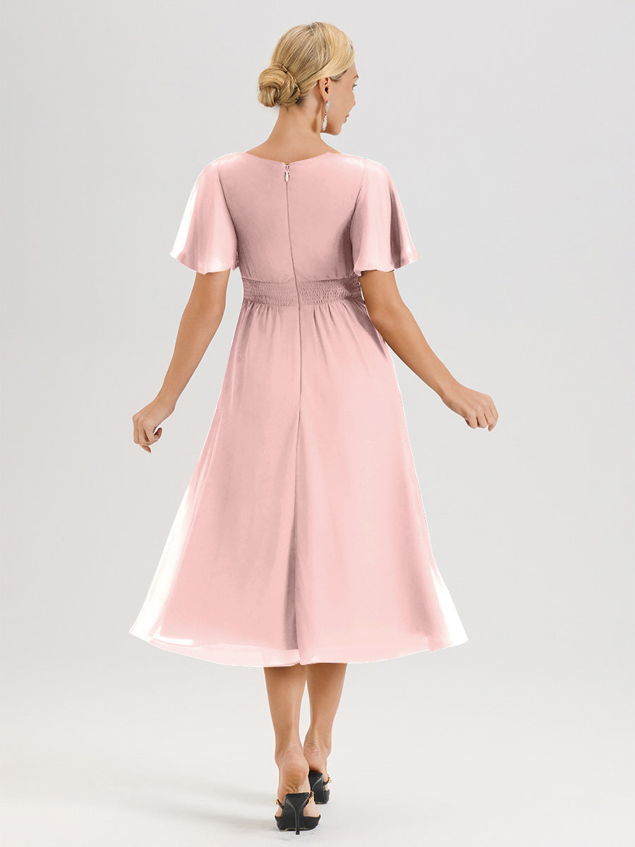 Cicinia Robe Mère De La Mariée Rose Poussiéreux En Mousseline Avec Encolure Irrégulière Manches Courtes Longueur Mi-Mollet