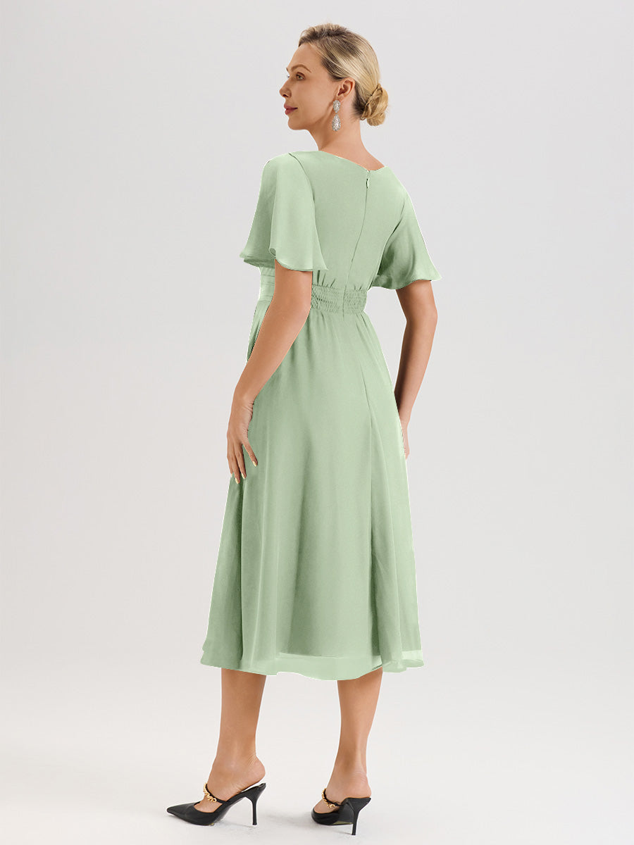 Cicinia Robe Mère De La Mariée De Sauge Poussiéreux En Mousseline Avec Encolure Irrégulière Manches Courtes Longueur Mi-Mollet