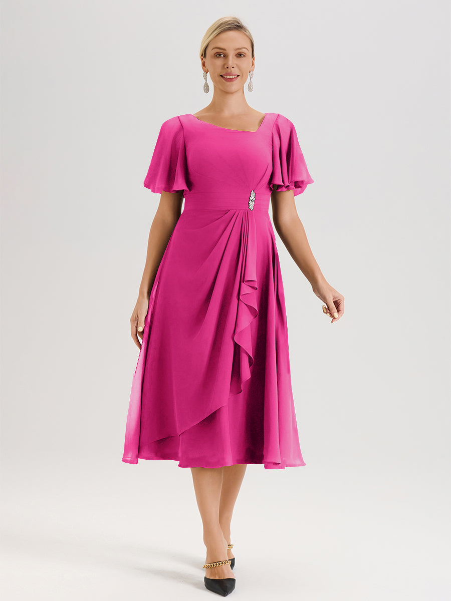 Cicinia Robe Mère De La Mariée Rose Fuchsia En Mousseline Avec Encolure Irrégulière Manches Courtes Longueur Mi-Mollet