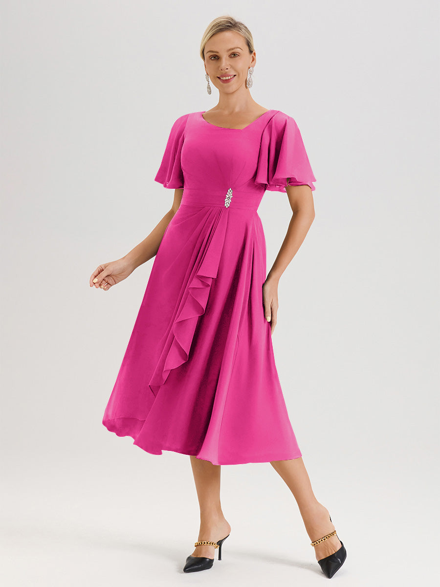 Cicinia Robe Mère De La Mariée Rose Fuchsia En Mousseline Avec Encolure Irrégulière Manches Courtes Longueur Mi-Mollet