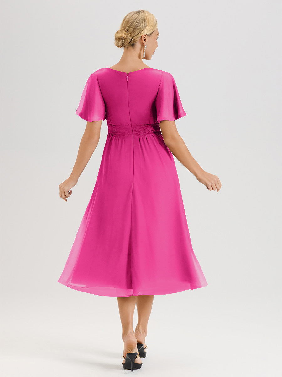 Cicinia Robe Mère De La Mariée Rose Fuchsia En Mousseline Avec Encolure Irrégulière Manches Courtes Longueur Mi-Mollet