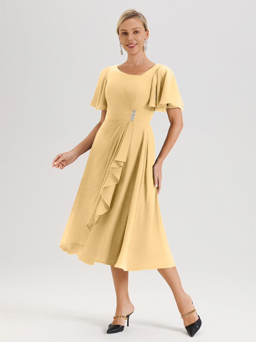 Cicinia Robe Mère De La Mariée En Or En Mousseline Avec Encolure Irrégulière Manches Courtes Longueur Mi-Mollet