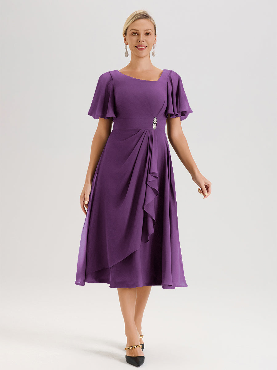 Cicinia Robe Mère De La Mariée En Raisin En Mousseline Avec Encolure Irrégulière Manches Courtes Longueur Mi-Mollet