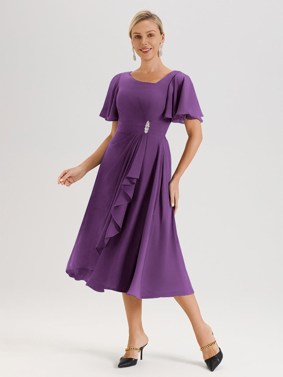 Cicinia Robe Mère De La Mariée En Raisin En Mousseline Avec Encolure Irrégulière Manches Courtes Longueur Mi-Mollet