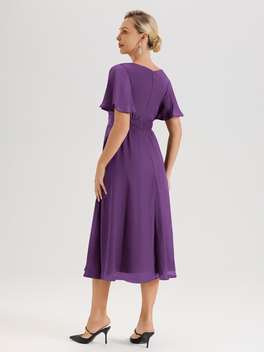 Cicinia Robe Mère De La Mariée En Raisin En Mousseline Avec Encolure Irrégulière Manches Courtes Longueur Mi-Mollet