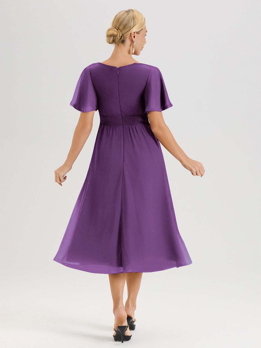 Cicinia Robe Mère De La Mariée En Raisin En Mousseline Avec Encolure Irrégulière Manches Courtes Longueur Mi-Mollet