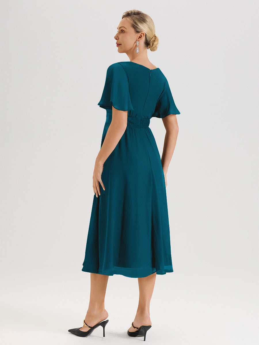 Cicinia Robe Mère De La Mariée Bleu Encre En Mousseline Avec Encolure Irrégulière Manches Courtes Longueur Mi-Mollet